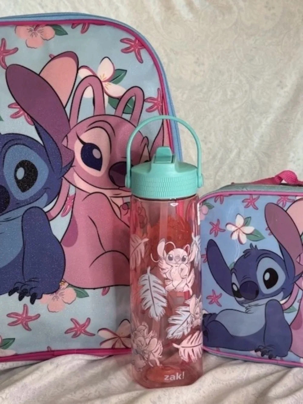 Disney Stitch & Angel 3 Piece Standard Backpack, Lunchbag & Drink Container Set